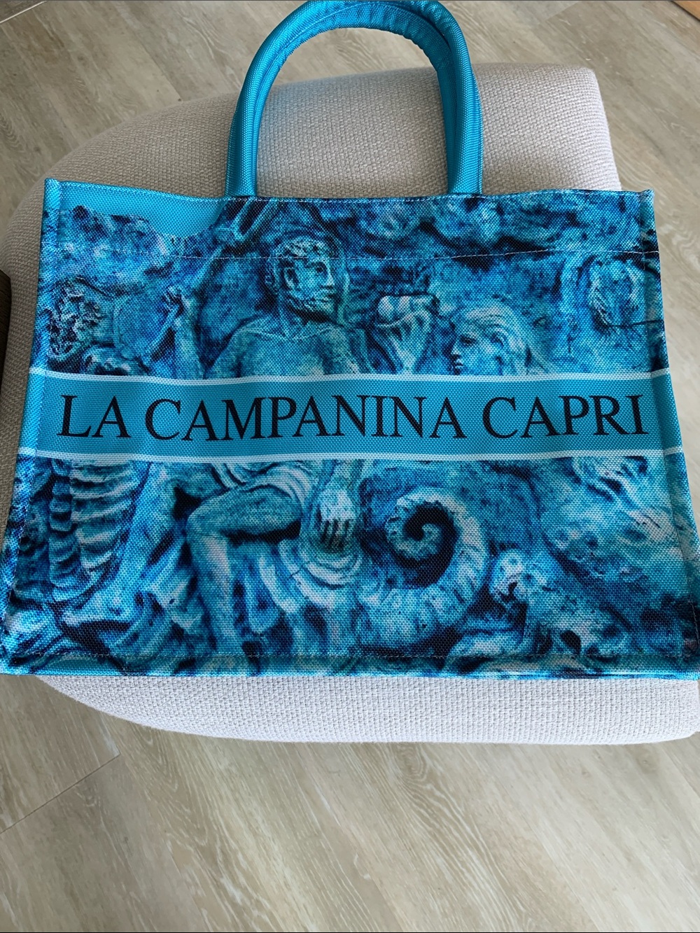 Nina Capri Blue Printed Tote with La Campanina Capri Banner, New